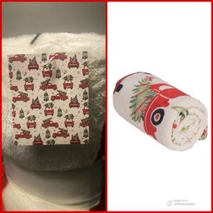 NWT- Super Soft- Cream w/ Red Farmtrucks & Christmas Trees Throw Blanket 50x60
